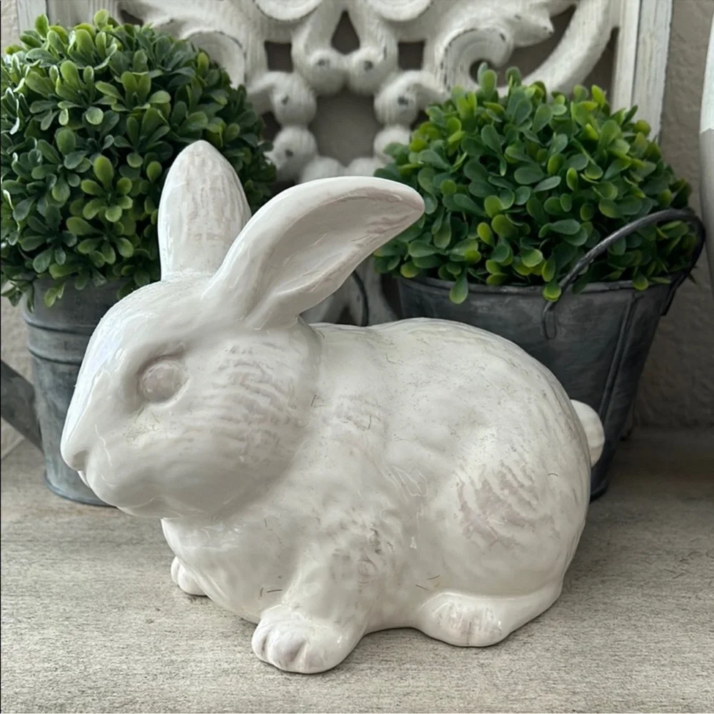 Farmhouse Shabby Chic Cottage Easter Creamy White Ceramic Bunny Figurine decor